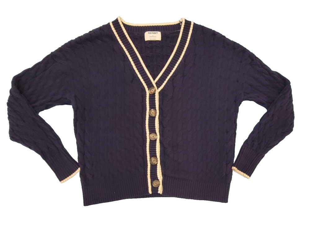 Old Navy Cardigan Sweater Women S V-Neck Varsity Cable Knit Blue Preppy Slouchy